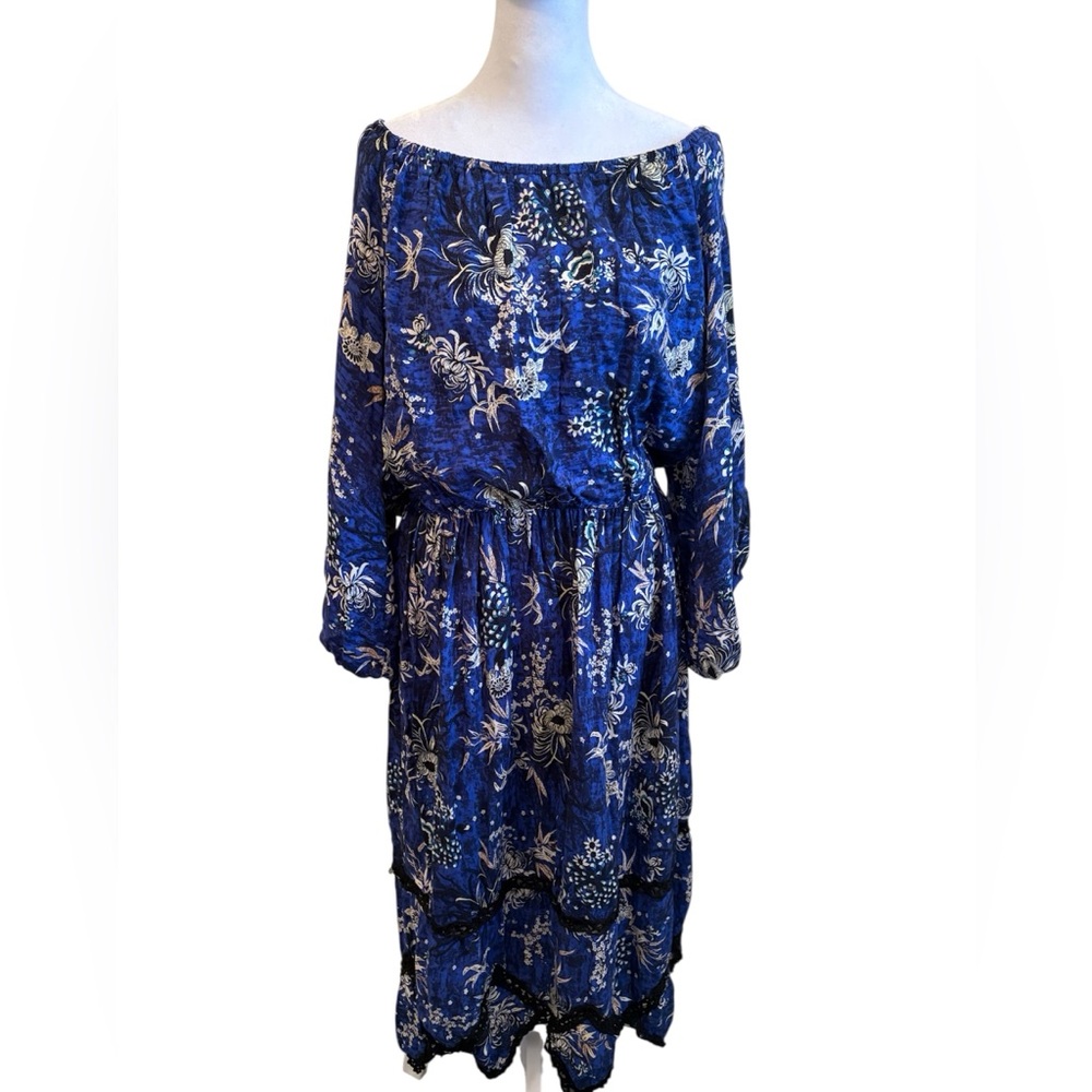 Jase Blue Floral Boho Off the Shoulder Midi Dress